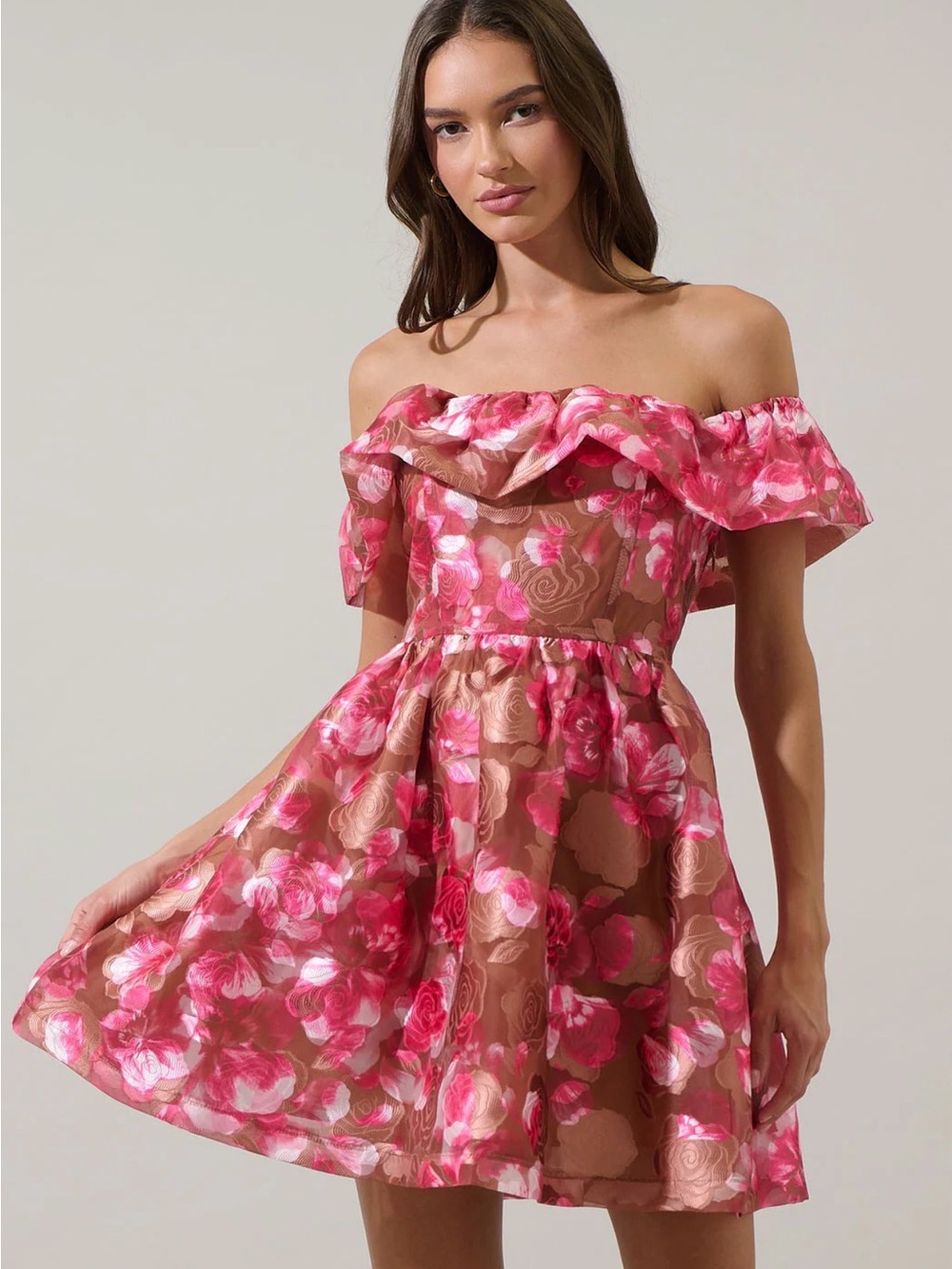 Sugarlips Off the Shoulder Pink Floral Fit-and-Flare Dress